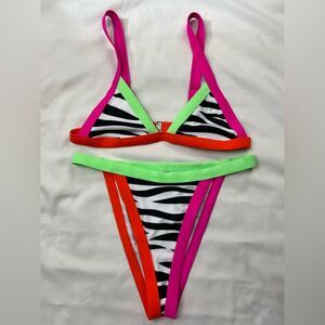 Pretty Little Thing Neon Zebra Bikini Top & Bottom Triangle High Cut Cheeky Sz 6